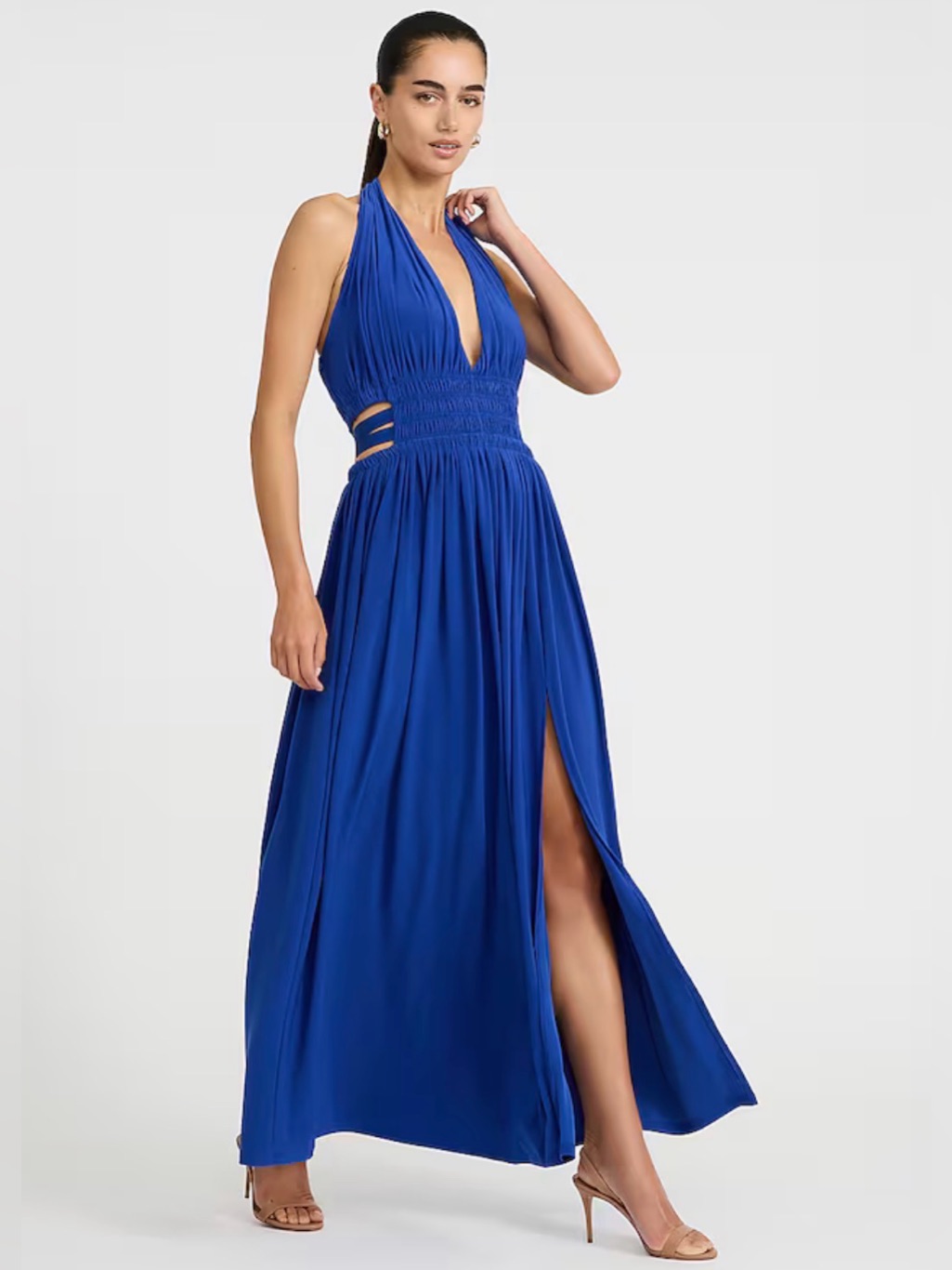 Halter V-Neck Smocked Waist Cutout Maxi Fit And Flare Dress Nwt